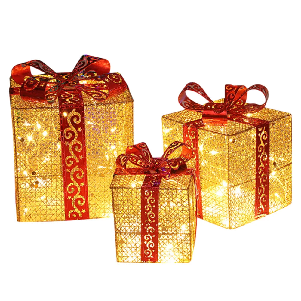 Christmas Foldable Lighted Metal Boxes 25/20/15CM Set of 3 Battery Operated for Outdoor Indoor Christmas Tree/Yard/Home Decor