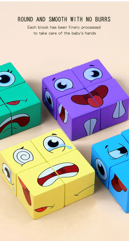 Kids Emotions Expression Game Wooden Cube Face Changing Board Cartoon Puzzle Toy Montessori Thinking Challenge Games