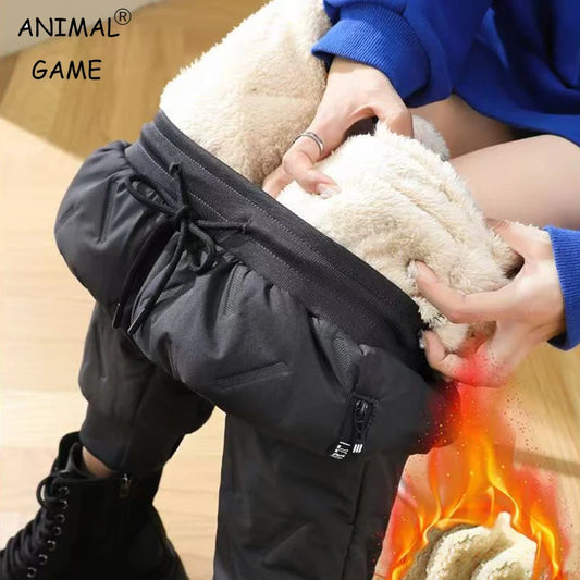 New Women's Plush Thick Fleece Lined Sweatpants Straight-leg Waterproof Pants Outdoor Windproof Outerwear Thermal Trousers