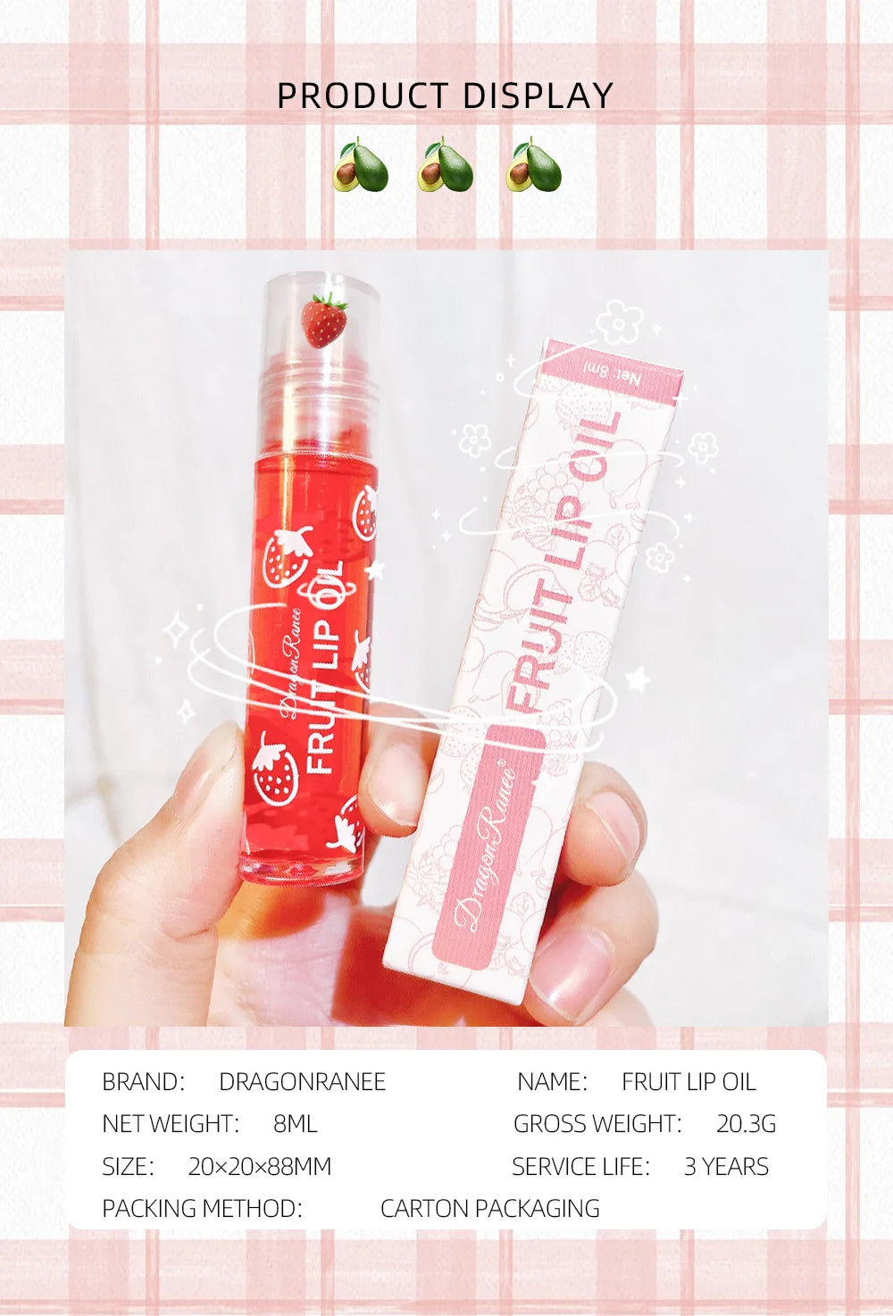 Hydrating Lip Oil Roller Gloss Moisturizing Nourishing Lip Balm Transparent Colorless Fruit Avocado Lip Care