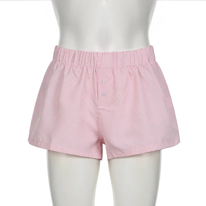Striped Print Casual Shorts for Women Elastic Waist Fashion Button Bottoms Streetwear Chic Basic Y2K Loose Shorts
