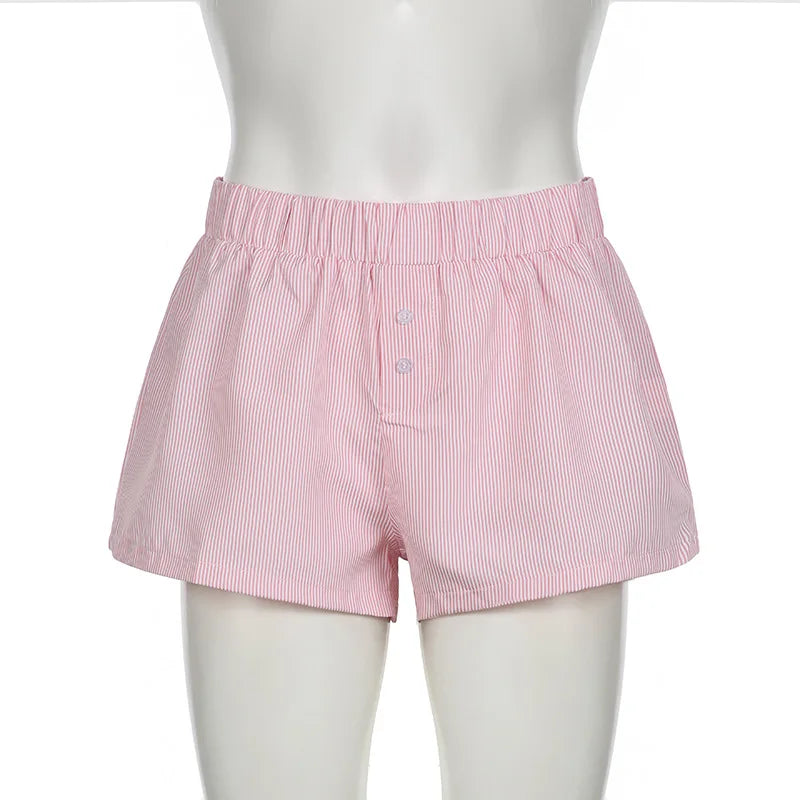 Women's Striped Print Casual Elastic Waist Shorts Y2K Loose Fit Summer Streetwear Chic Basic Fashion Button Detail