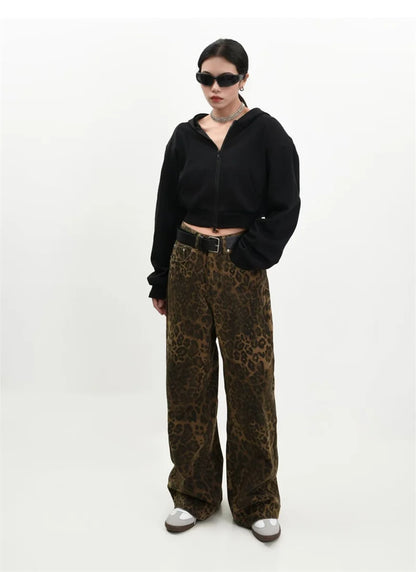 Vintage Leopard Jeans Women Denim Pants Female Spring Oversize Casual Wide Leg Trousers Streetwear Hip Hop Clothes Loose Y2K