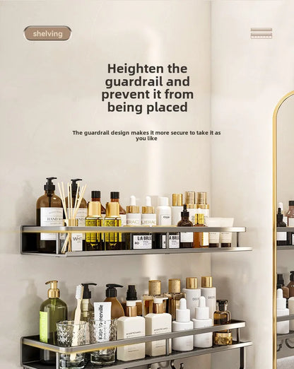 Bathroom storage rack, non perforated washbasin, hand washing and shower area, shower gel wall storage rack