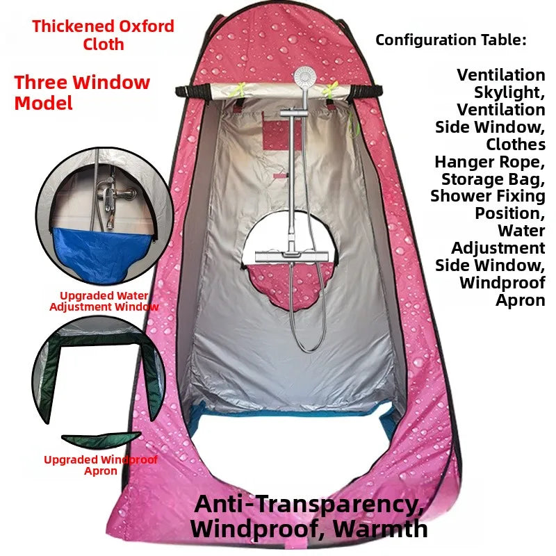 خيمة استحمام خارجية محمولة، خيمة طاقة سميكة، مرحاض متنقل، غرفة تغيير الملابس، عزل حراري، كاميرا، معدات سفر