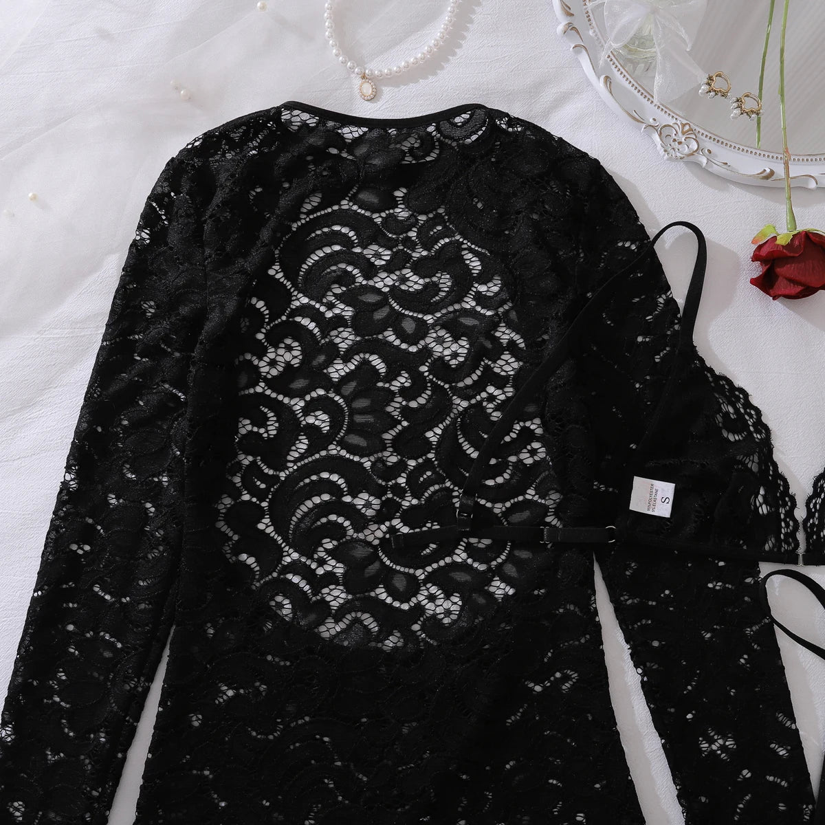 Ellolace Fantasy Sexy Female Lingerie Luring Bra Thong 2PC Set with Hollow Front Mini Dress Intimate See Through Woman Underwear