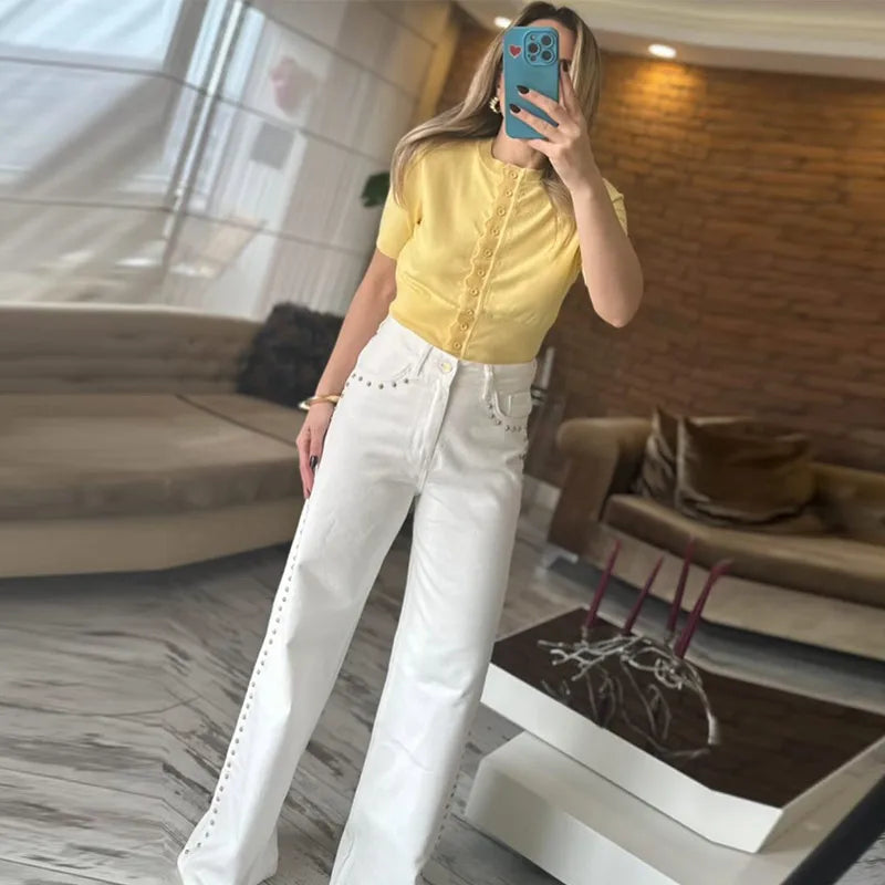 Casual Bead Jean Women Loose High Waisted Pockets Zipper All-match Straight Leg Trouser Female 2025 Y2k High Street Lady Outwear