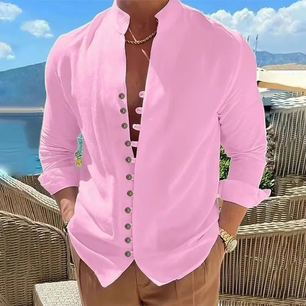 Spring and Autumn Cotton Linen Shirt Men Hot Sale Men's Long-Sleeved Shirts Solid Color Button Up Casual Style Plus Size