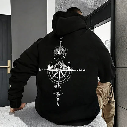 Vintage Compass Print Hoodies for Men High Quality Hooded Long Sleeve Pullover All Season Daily Casual Sports Tops Men's Clothes