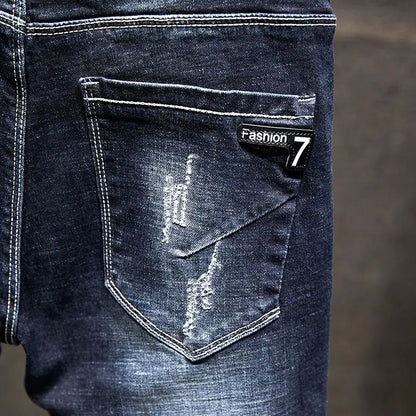 American Elastic Straight Jeans Men Ripped Worn-out Slim-fit Cotton Denim Pants Korean Style Fashion Blue Black Men's Clothing