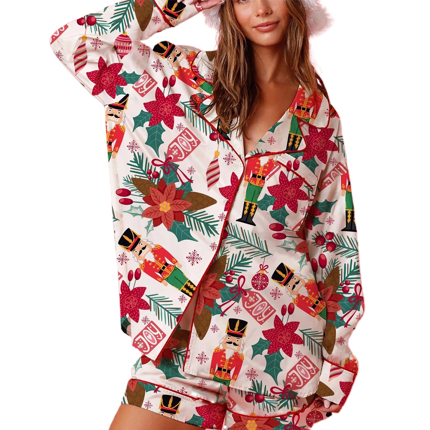 Women s 2 Piece Lounge Set Cozy Reindeer Christmas Tree Print Top and Bottom Pajama Set for Winter Nights
