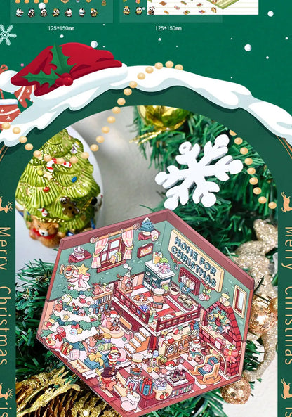 Christmas Theme DIY 3D Sticker Cartoon Pocket Cabin Scene Stacking and Pasting Festival Birthday Gift for Kid Child Student