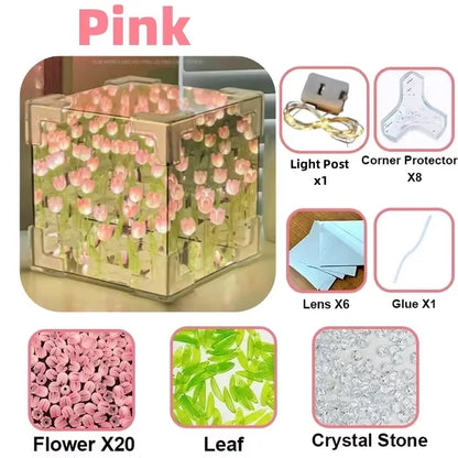 Creative DIY Tulip Flower Sea Cube Three-Dimensional Small Night Lamp Material Package for Girlfriend Couple Girlfriend Gift