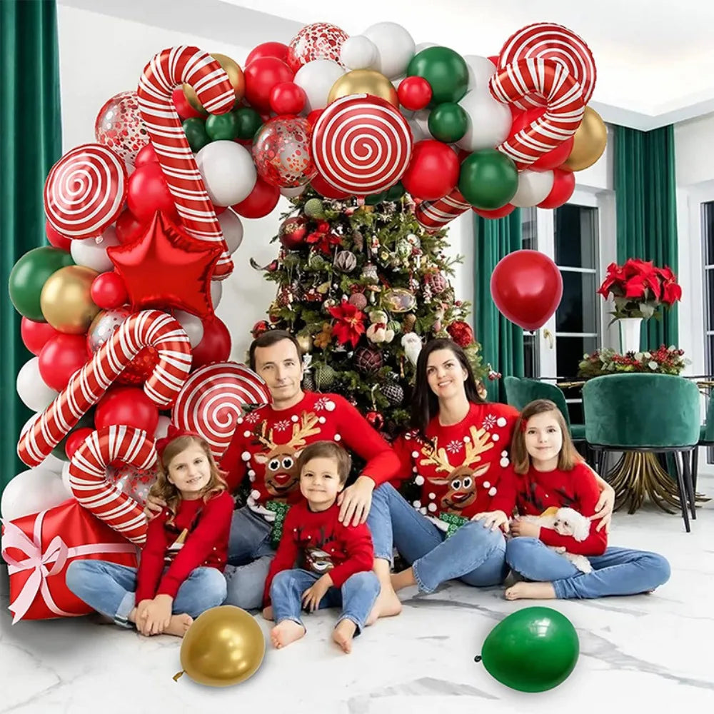137PCS Christmas Balloon Set Candy Cane Aluminum Film Balloon Red Green White Christmas New Year Balloon Chain Arch Wreath Set