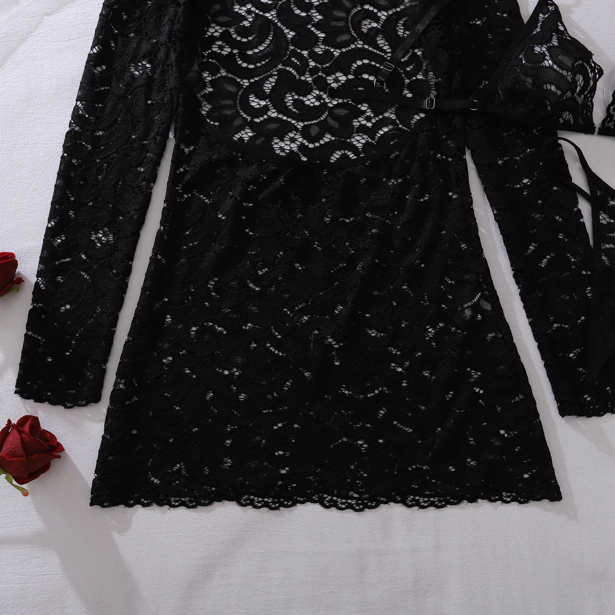 Ellolace Fantasy Sexy Female Lingerie Luring Bra Thong 2PC Set with Hollow Front Mini Dress Intimate See Through Woman Underwear