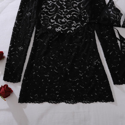 Ellolace Fantasy Sexy Female Lingerie Luring Bra Thong 2PC Set with Hollow Front Mini Dress Intimate See Through Woman Underwear