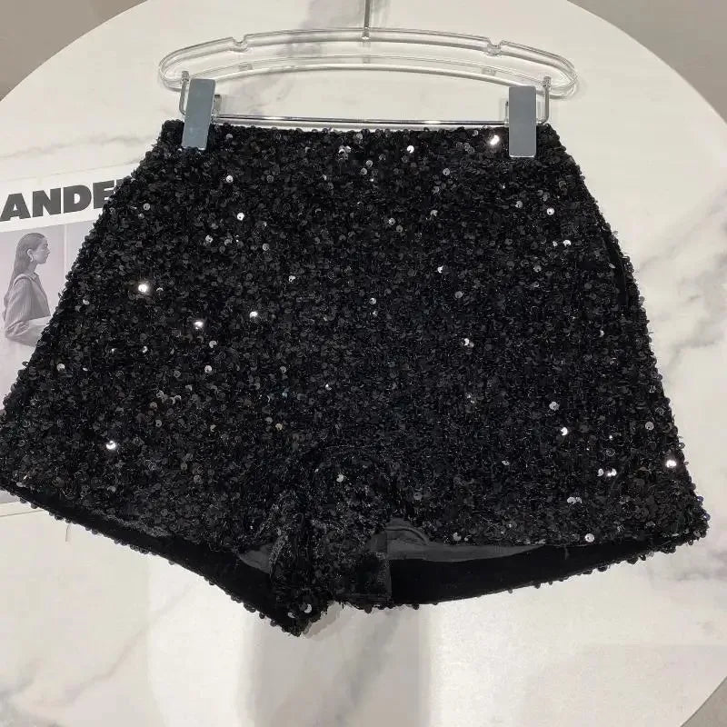 New Autumn Black Velvet Shorts Women Sequined Shiny Versatile Short Pants Clubwear Shorts Hot Pants High Street