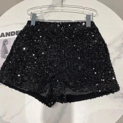 New Autumn Black Velvet Shorts Women Sequined Shiny Versatile Short Pants Clubwear Shorts Hot Pants High Street