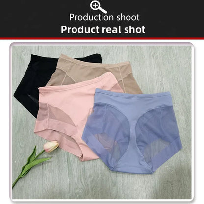 Sexy Mid Rise Womens Underwear Transparent Mesh Panties Waist Cincher Comfortable Ice Silk Large Size