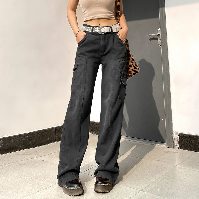 2025 Women's Cargo Jeans High Waist Baggy Dad Pants - Streetwear Straight Leg Casual Jeans with Irregular Pockets Free Shipping