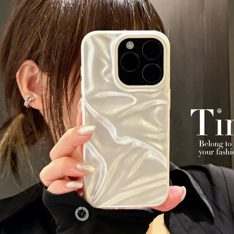 Pearl White Folds Texture Case For iPhone 16 13 14 11 12 Pro Max 15 Plus Stylish Glossy Soft TPU Phone Back Cover