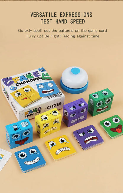 Kids Emotions Expression Game Wooden Cube Face Changing Board Cartoon Puzzle Toy Montessori Thinking Challenge Games