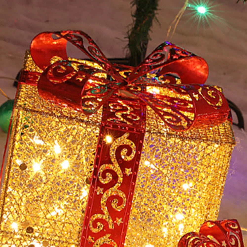 Christmas Foldable Lighted Metal Boxes 25/20/15CM Set of 3 Battery Operated for Outdoor Indoor Christmas Tree/Yard/Home Decor