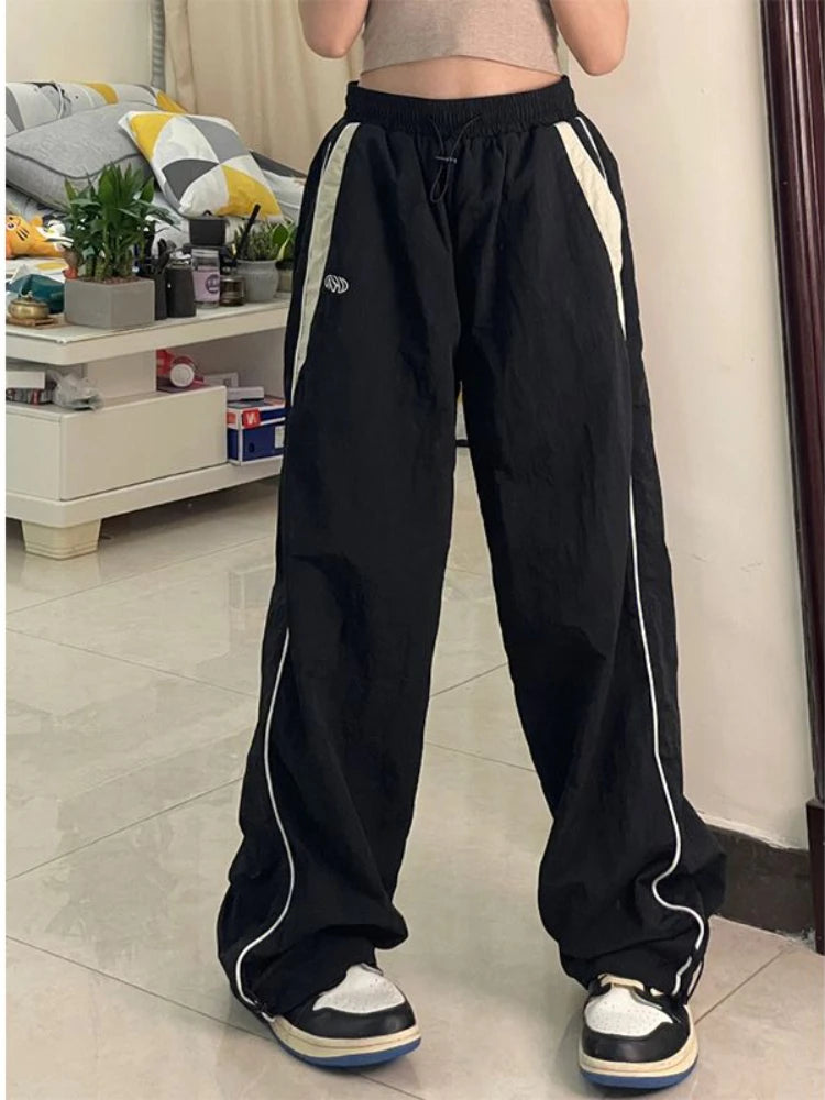 Women Spring Retro Solid Loose Drawstring Trousers Casual Joggers Baggy Wide Leg Sweatpants Mid Waist Sporty Y2k Female Clothes
