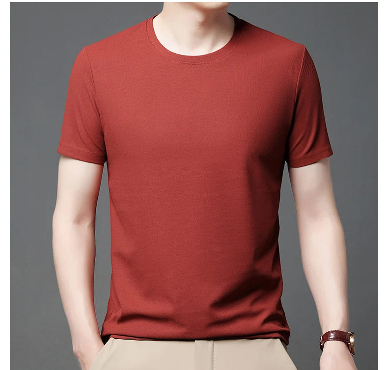 Men's New Summer Waffle round Neck Short Sleeve T-Shirt Comfortable Breathable Short-Sleeved Top for Casual Wear
