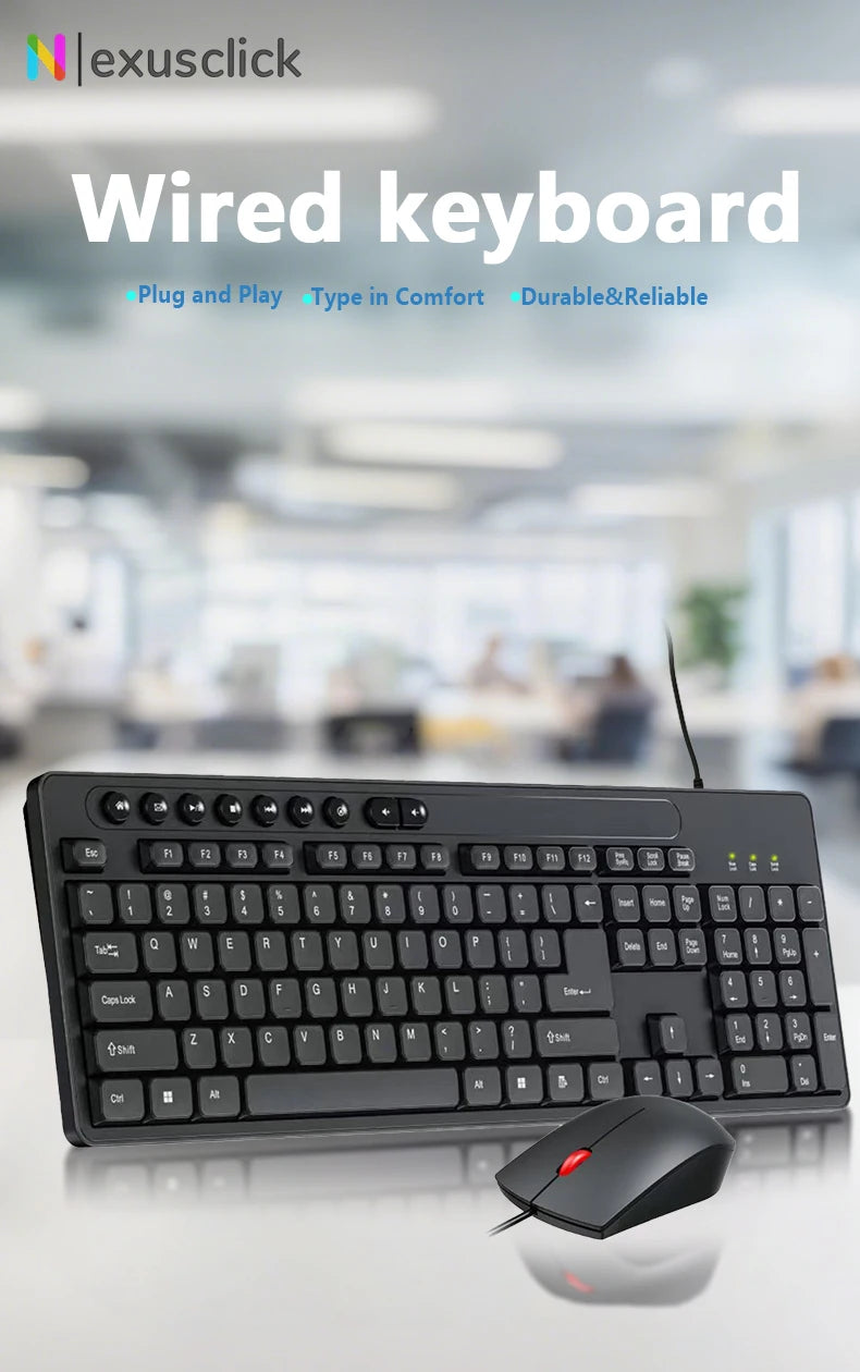 English Keyboard Mouse USB Wired Desktop Computer Keyboard Ergonomic Design Keyboard for Office Home PC Laptop Desktop