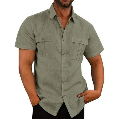 Men's Cotton Linen Short-Sleeved Shirt Summer Solid Color Stand-Up Collar Casual Beach Style plus Size S-5XL