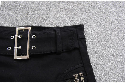 Denim Shorts Women Low-waisted Black Slim Fit Sexy Hot Girls Rivet Belt Design Unique All-match Nightclub Bodycon Summer Y2k