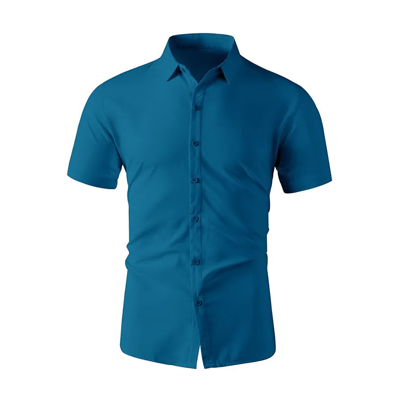 New Men's Business Casual Solid Color Short Sleeved Shirt for Summer Fashion No Ironing Comfortable and Versatile Top