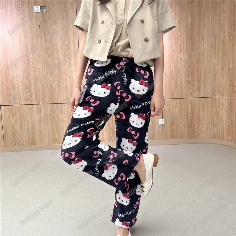 2024 Sanrio Hello Kitty Pajamas Halloween Flannel Fashion Trouserswomen Kawaii Woolen Anime Cartoon Casual Home Pants Autumn