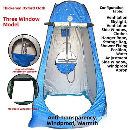خيمة استحمام خارجية محمولة، خيمة طاقة سميكة، مرحاض متنقل، غرفة تغيير الملابس، عزل حراري، كاميرا، معدات سفر