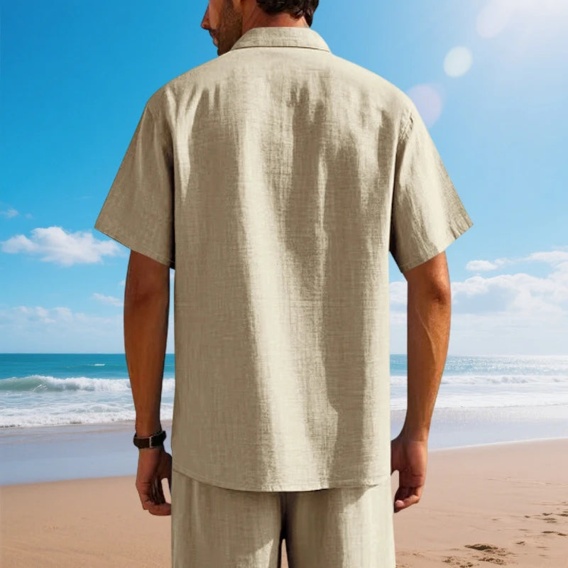 Men's Cotton Linen Short-Sleeved Shirt Summer Solid Color Stand-Up Collar Casual Beach Style plus Size S-5XL