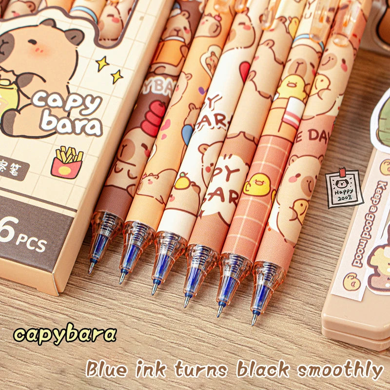 Cute Capybara Gel Pens - 6Pcs Kawaii Quick-Drying Blue Erasable Pen Set for Office, School & Aesthetic Stationery