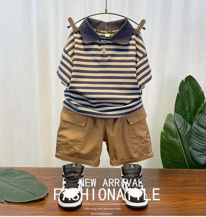Korean Children's Clothes 2025 Summer Kids Clothes Boys Outfits Baby Thin Short Sleeves Stripe Polo Shirt +Shorts Two Pieces Set