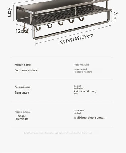 Bathroom storage rack, non perforated washbasin, hand washing and shower area, shower gel wall storage rack