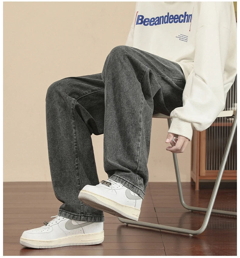 2023 New Korean Fashion Men's Casual Ankle-Length Jeans Classic Man Straight Denim Wide-leg Pants Light Blue Grey Black 3XL