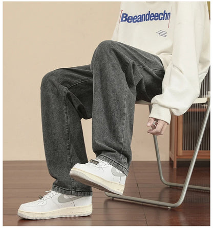 2023 New Korean Fashion Men's Casual Ankle-Length Jeans Classic Man Straight Denim Wide-leg Pants Light Blue Grey Black 3XL