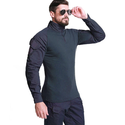 Men's Long Sleeve Combat Shirt 1/4 Zipper Ripstop Cotton Tactical Shirts Navy Blue Camoufalge Airsoft T Shirts