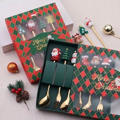 Christmas Themed Cutlery Set Stainless Steel Creative Cartoon Knife Fork Spoon 2/4/6pcs Set Holiday Gift Cutlery Decoration