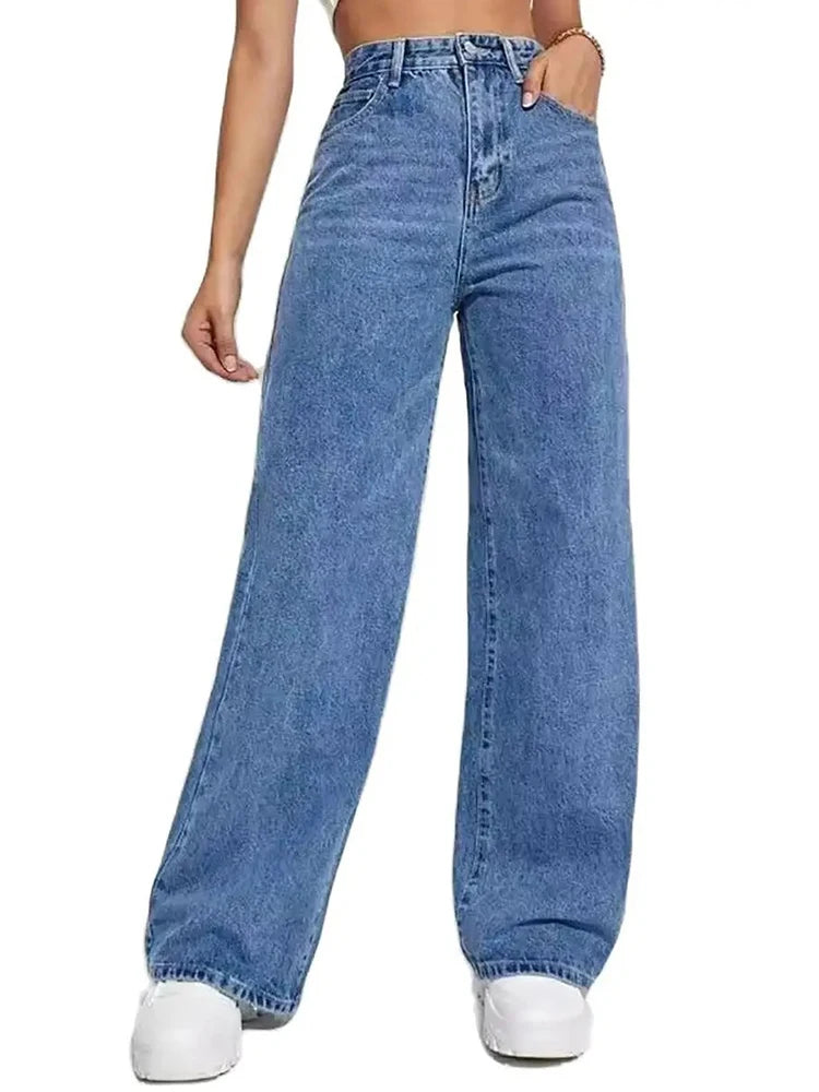 Fashion retro blue jeans women y2k High street baggy straight pants High waisted all-in-one slim pants