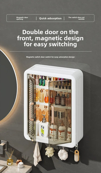 Bathroom Wall Cabinet - No-Drill Magnetic Door Storage Shelf with Dustproof Design, Hanging Organizer for Shower & Toiletries