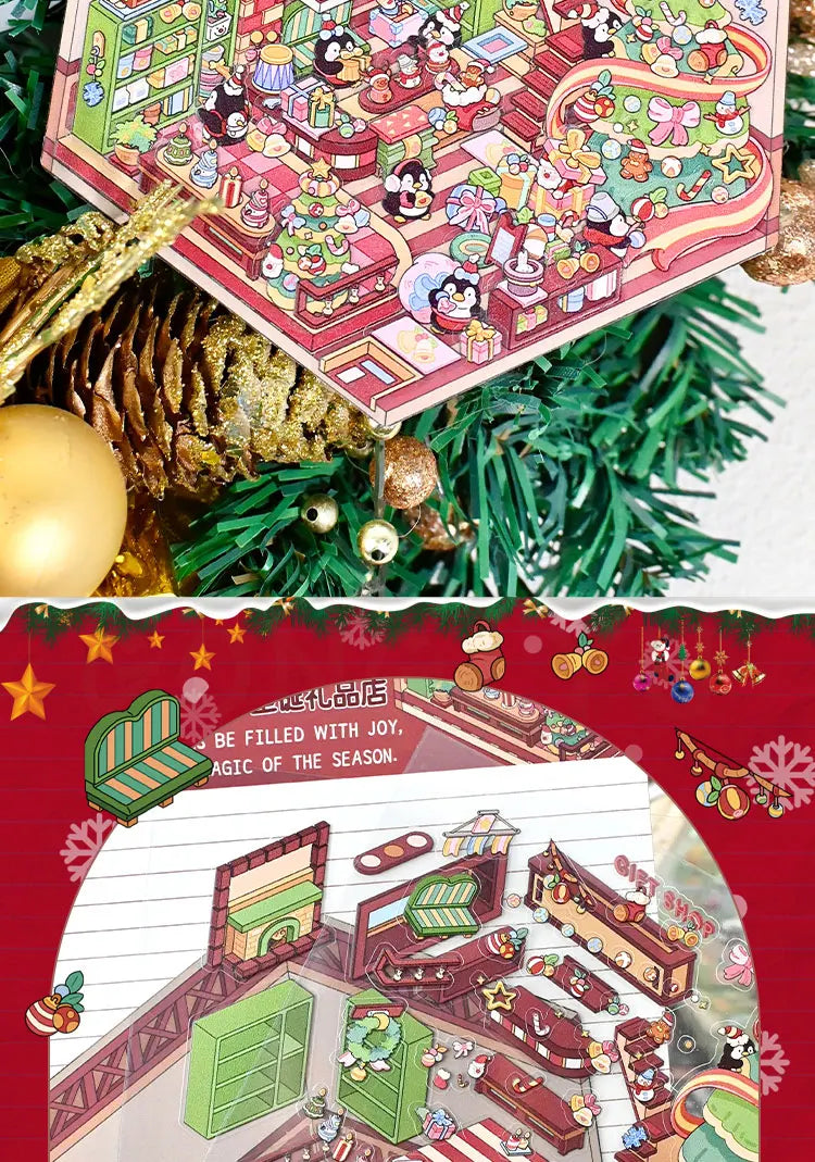 Christmas Theme DIY 3D Sticker Cartoon Pocket Cabin Scene Stacking and Pasting Festival Birthday Gift for Kid Child Student