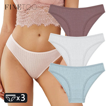 FINETOO 3PCS/SET Women's Cotton Panties Soft Striped Underpants Sexy Solid Color Briefs Female Comfortable Stretch Lingerie M-XL