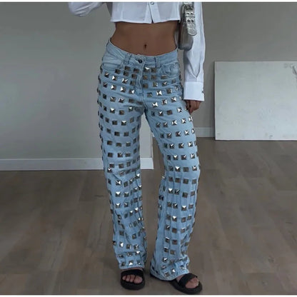 Casual Bead Jean Women Loose High Waisted Pockets Zipper All-match Straight Leg Trouser Female 2025 Y2k High Street Lady Outwear