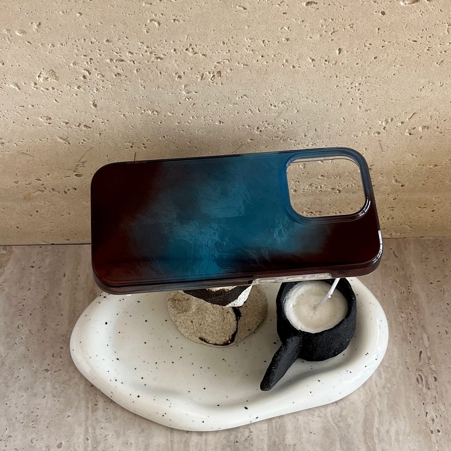 Korean INS Full Covered Blue & Brown Gradient Double Layers Chic Phone Case for iPhone 16 15 14 13 Pro Max Back Phone Cover Capa