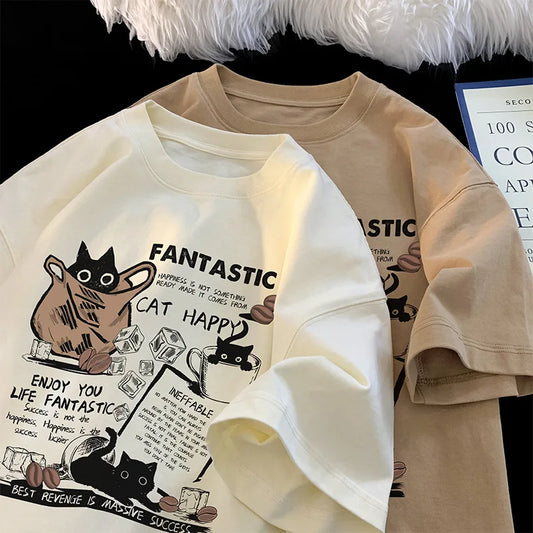 New Men Women T Shirt Pullover Oversize Korean version Cartoon Cat Group Printed T-Shirt Casual Short Sleeve Couples T-Shirt